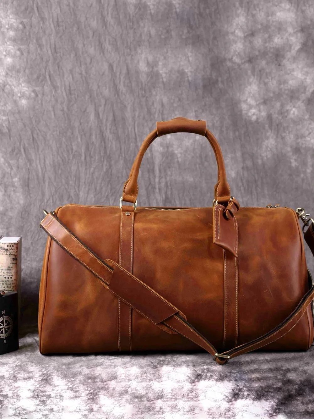 Classic Brown Leather Weekender Duffel Bag for Men